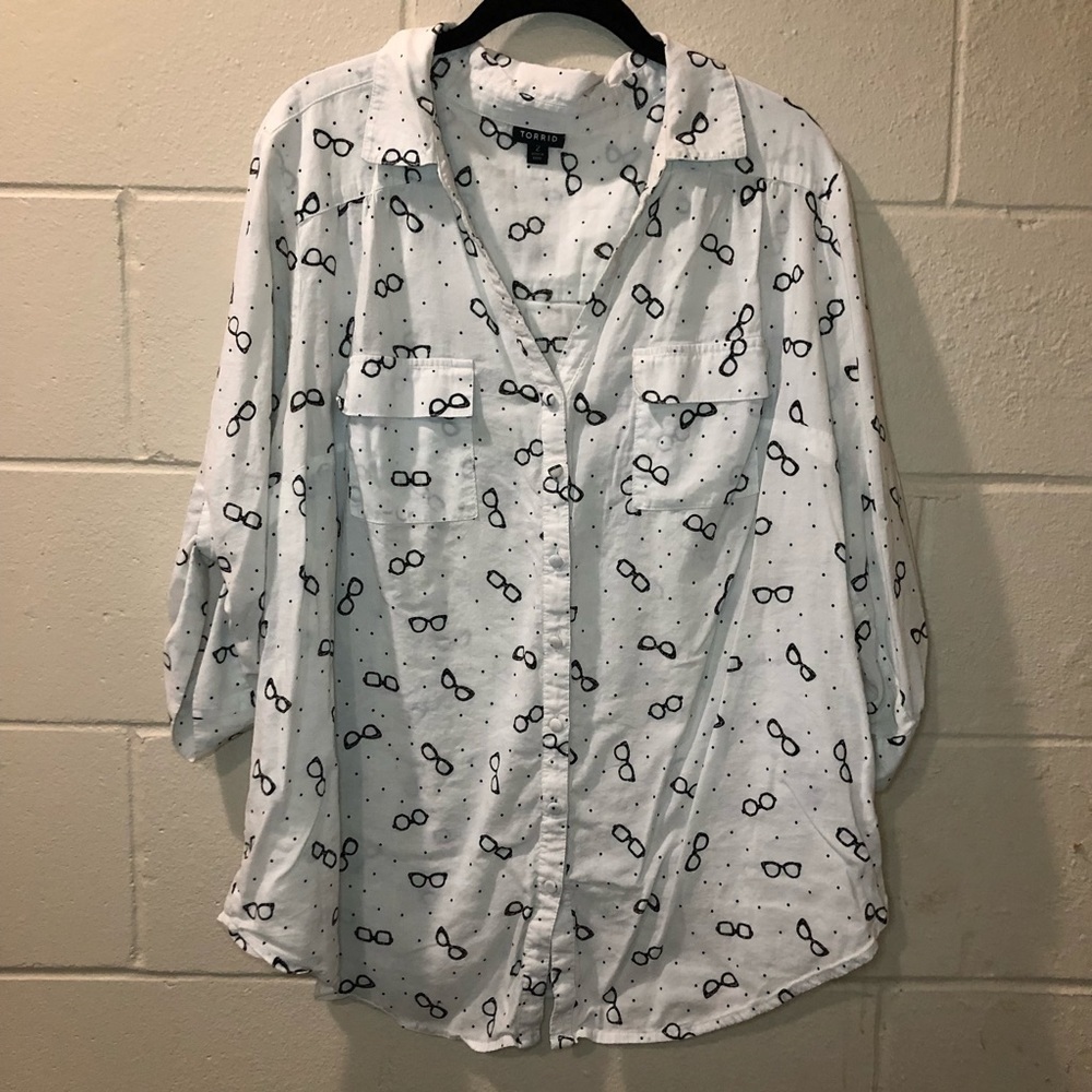 Torrid White Glasses Print Button Down Quarter Length Sleeve Blouse Size 2X